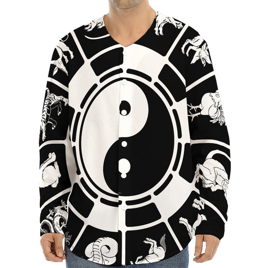 Black And White Chinese Zodiac Print Long Sleeve Baseball Jersey