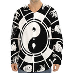 Black And White Chinese Zodiac Print Long Sleeve Baseball Jersey
