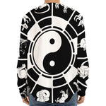 Black And White Chinese Zodiac Print Long Sleeve Baseball Jersey