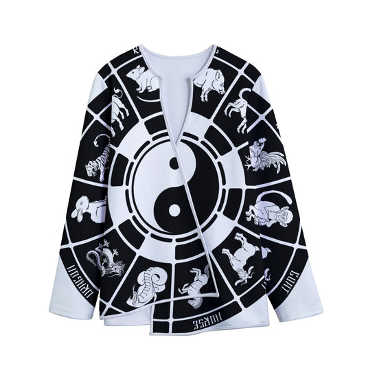 Black And White Chinese Zodiac Print Long Sleeve Short Coat