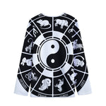 Black And White Chinese Zodiac Print Long Sleeve Short Coat