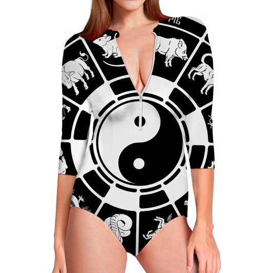 Black And White Chinese Zodiac Print Long Sleeve Swimsuit