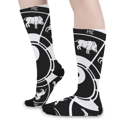 Black And White Chinese Zodiac Print Long Socks