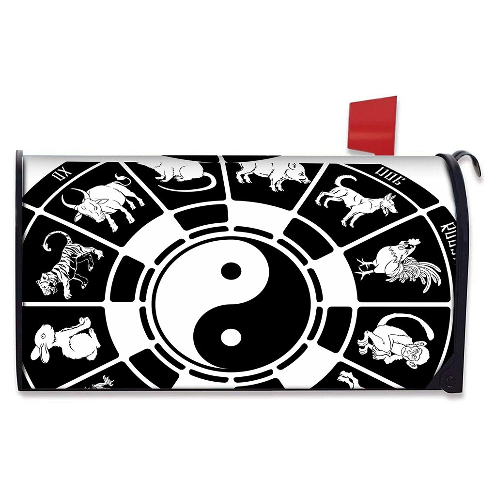 Black And White Chinese Zodiac Print Mailbox Cover