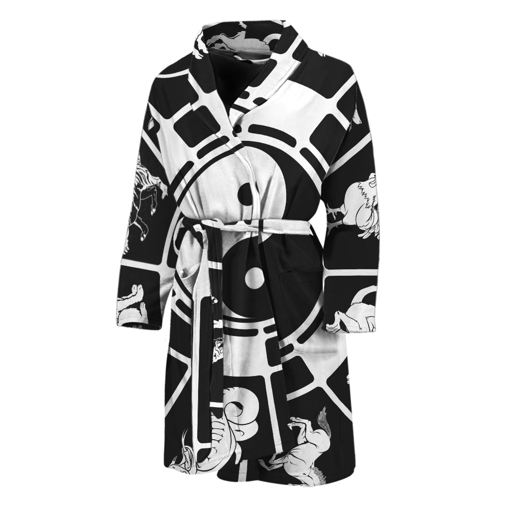 Black And White Chinese Zodiac Print Men's Bathrobe