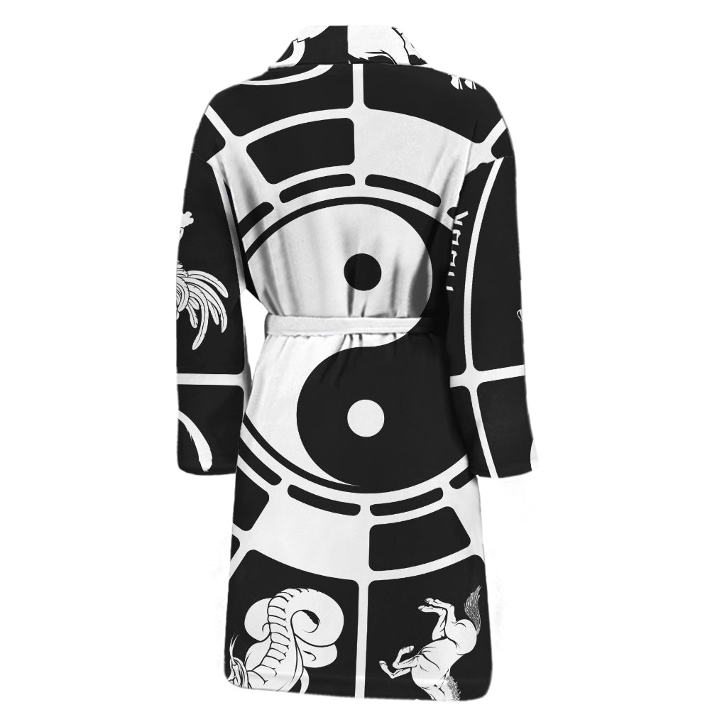 Black And White Chinese Zodiac Print Men's Bathrobe