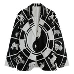 Black And White Chinese Zodiac Print Men's Blazer