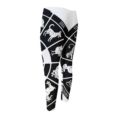 Black And White Chinese Zodiac Print Men's Compression Pants
