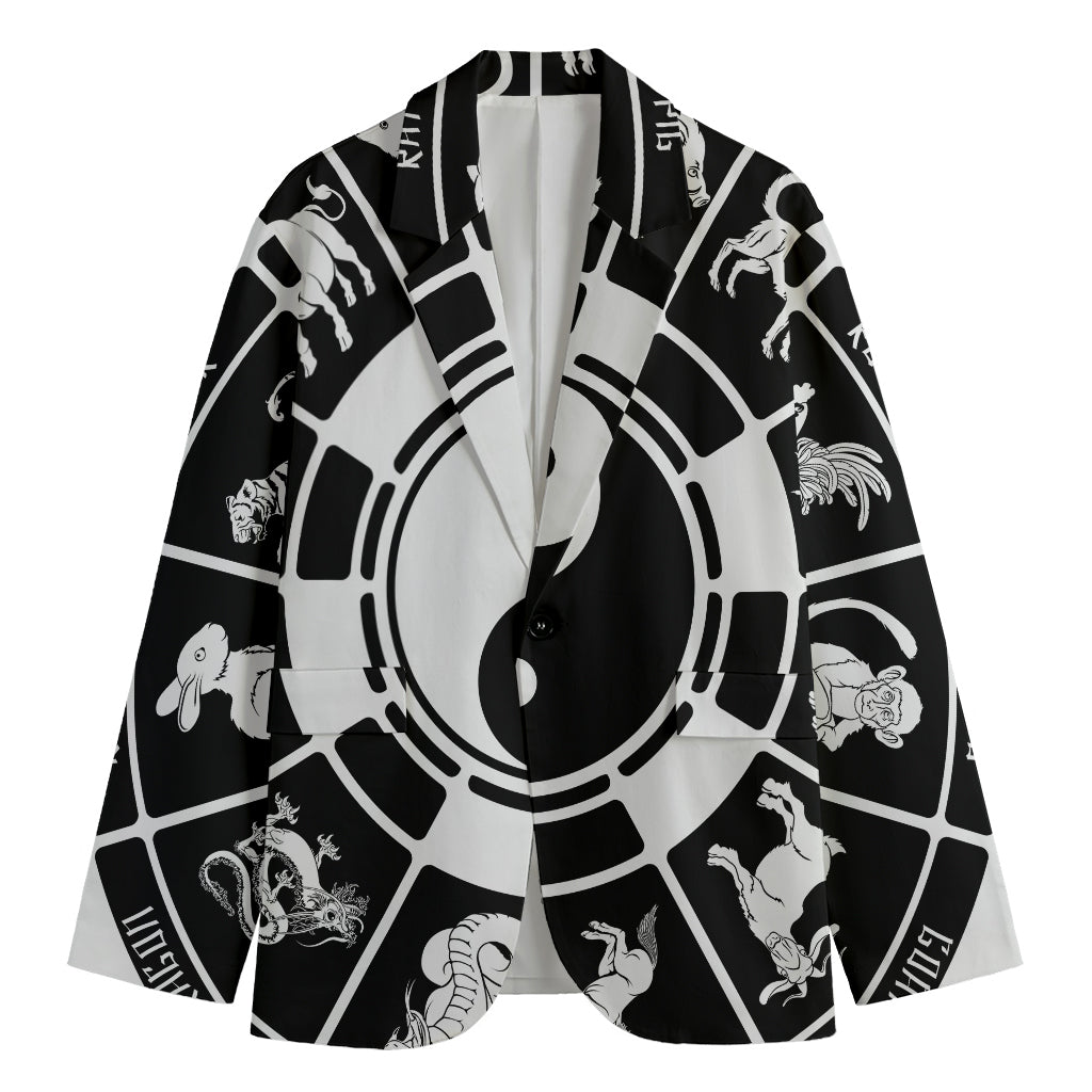 Black And White Chinese Zodiac Print Men's Cotton Blazer