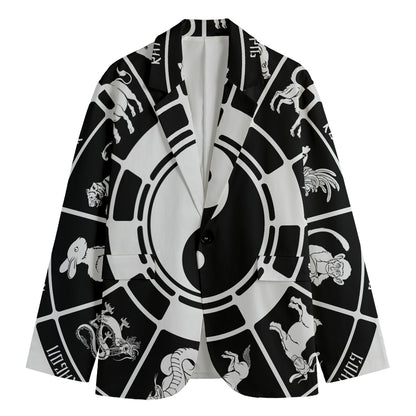 Black And White Chinese Zodiac Print Men's Cotton Blazer