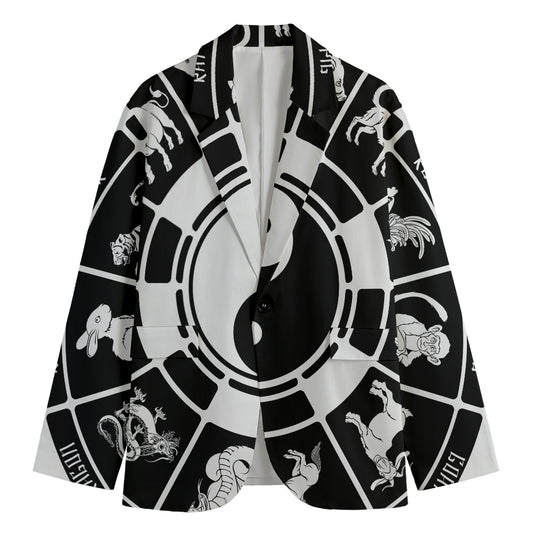 Black And White Chinese Zodiac Print Men's Cotton Blazer