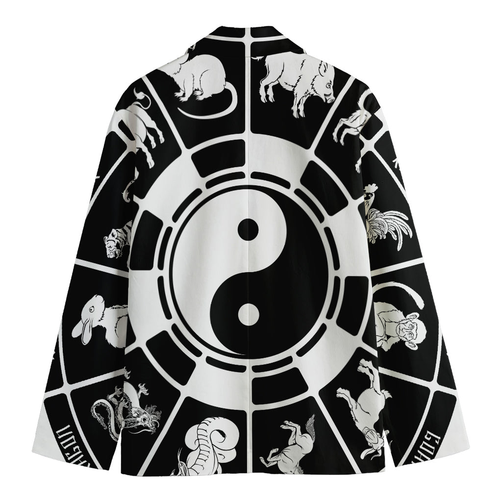 Black And White Chinese Zodiac Print Men's Cotton Blazer