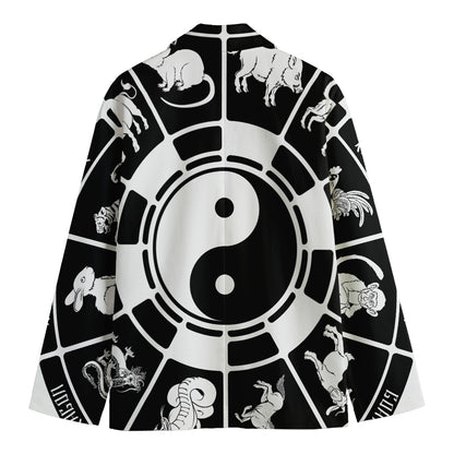 Black And White Chinese Zodiac Print Men's Cotton Blazer