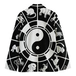 Black And White Chinese Zodiac Print Men's Cotton Blazer