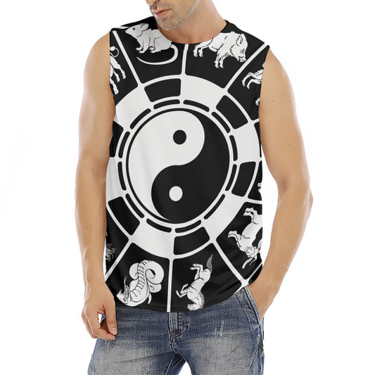 Black And White Chinese Zodiac Print Men's Fitness Tank Top