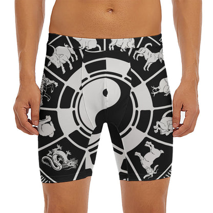 Black And White Chinese Zodiac Print Men's Long Boxer Briefs