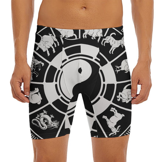 Black And White Chinese Zodiac Print Men's Long Boxer Briefs
