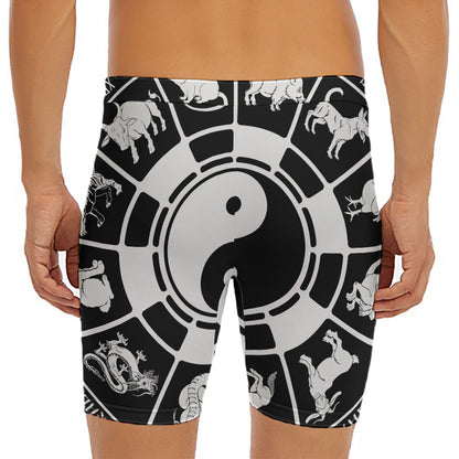 Black And White Chinese Zodiac Print Men's Long Boxer Briefs