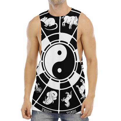 Black And White Chinese Zodiac Print Men's Muscle Tank Top