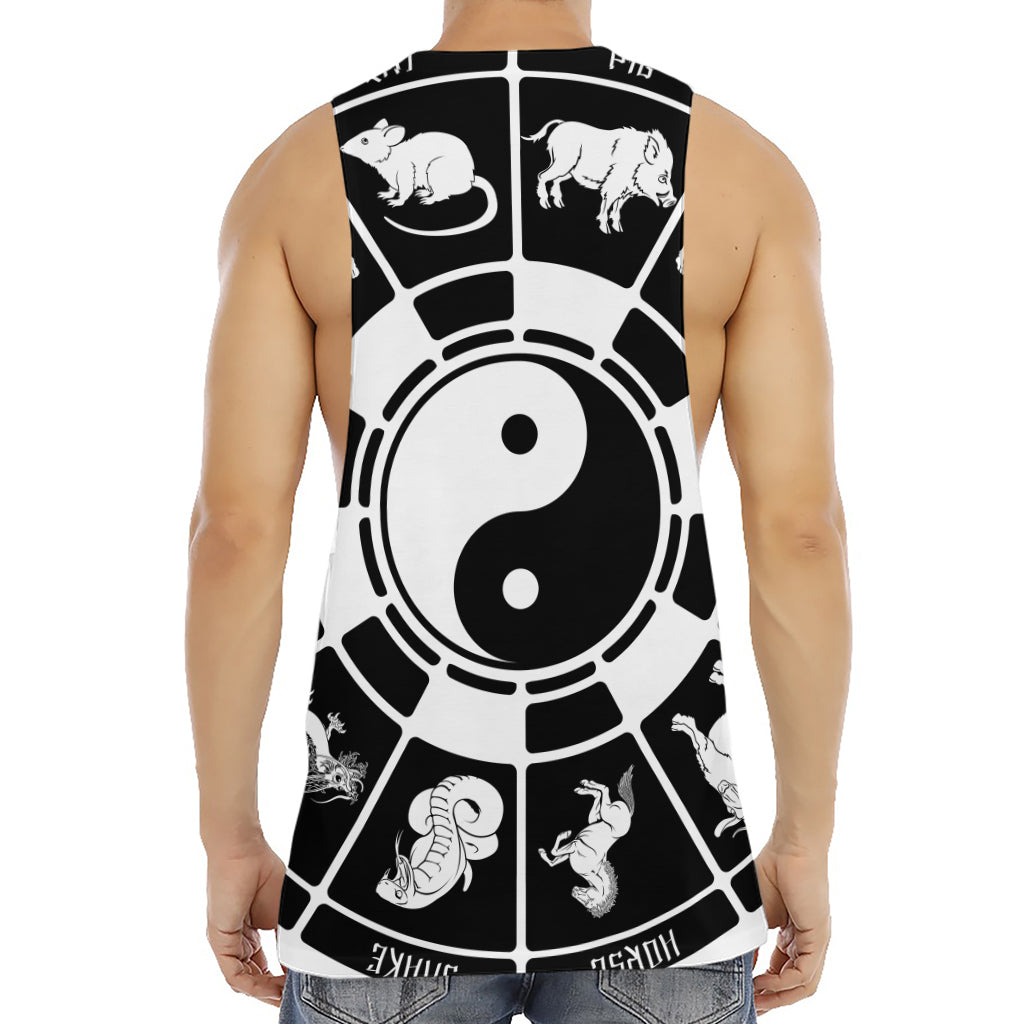 Black And White Chinese Zodiac Print Men's Muscle Tank Top
