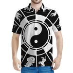 Black And White Chinese Zodiac Print Men's Polo Shirt