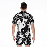 Black And White Chinese Zodiac Print Men's Rompers