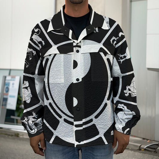 Black And White Chinese Zodiac Print Men's Shirt Jacket