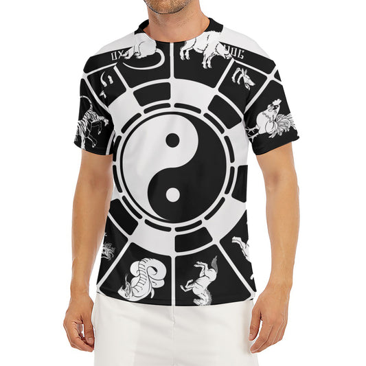 Black And White Chinese Zodiac Print Men's Short Sleeve Rash Guard