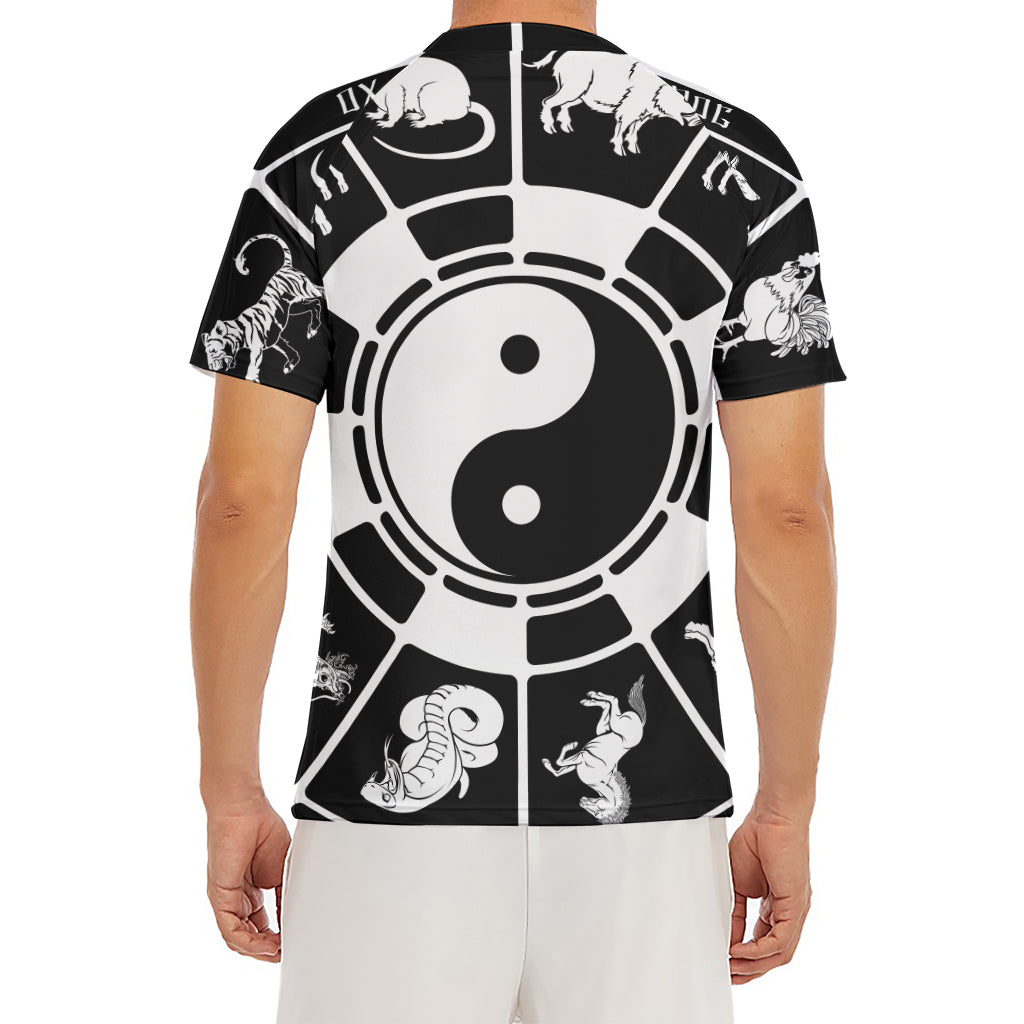 Black And White Chinese Zodiac Print Men's Short Sleeve Rash Guard