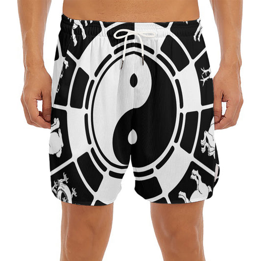 Black And White Chinese Zodiac Print Men's Split Running Shorts