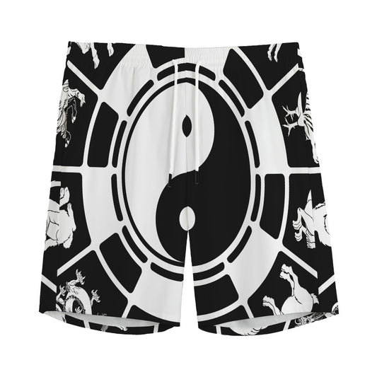 Black And White Chinese Zodiac Print Men's Sports Shorts