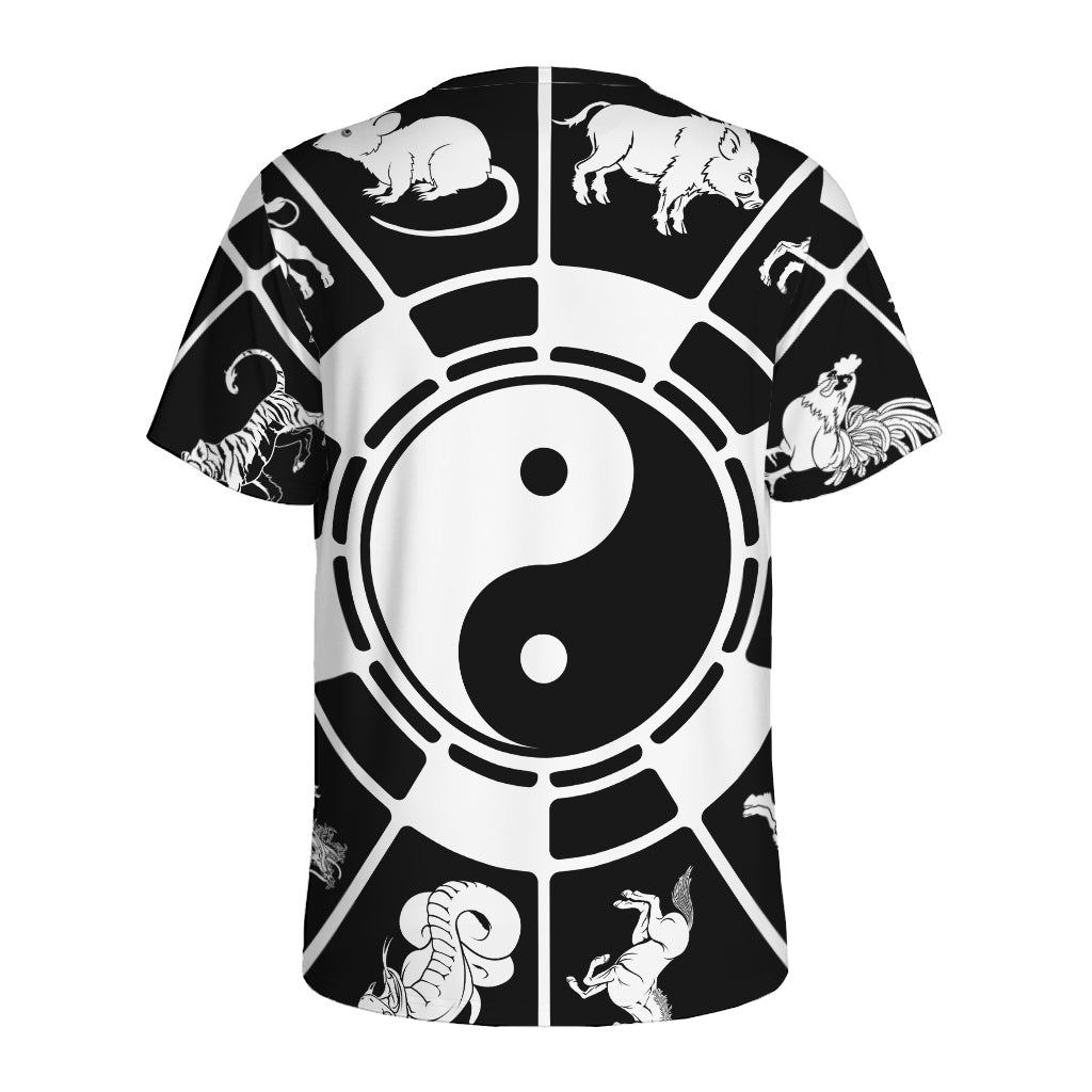 Black And White Chinese Zodiac Print Men's Sports T-Shirt
