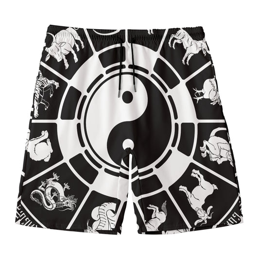 Black And White Chinese Zodiac Print Men's Swim Trunks