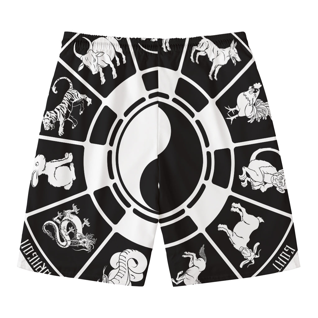 Black And White Chinese Zodiac Print Men's Swim Trunks