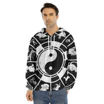 Black And White Chinese Zodiac Print Men's Velvet Pullover Hoodie