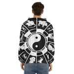 Black And White Chinese Zodiac Print Men's Velvet Pullover Hoodie