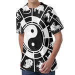 Black And White Chinese Zodiac Print Men's Velvet T-Shirt