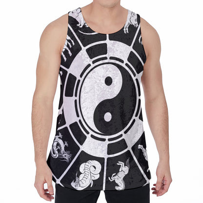 Black And White Chinese Zodiac Print Men's Velvet Tank Top