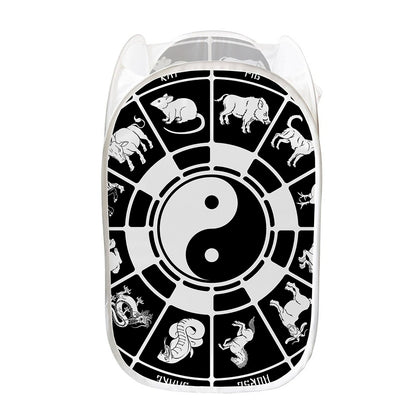 Black And White Chinese Zodiac Print Mesh Laundry Hamper