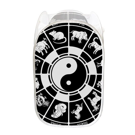 Black And White Chinese Zodiac Print Mesh Laundry Hamper