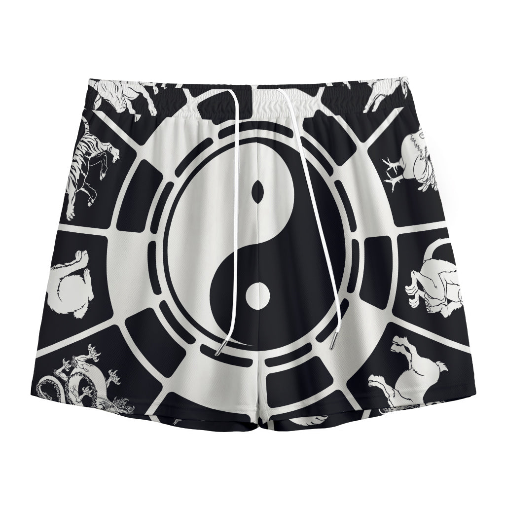 Black And White Chinese Zodiac Print Mesh Shorts