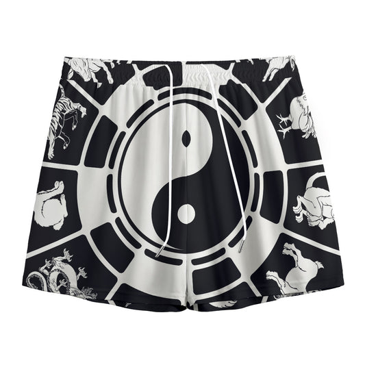 Black And White Chinese Zodiac Print Mesh Shorts