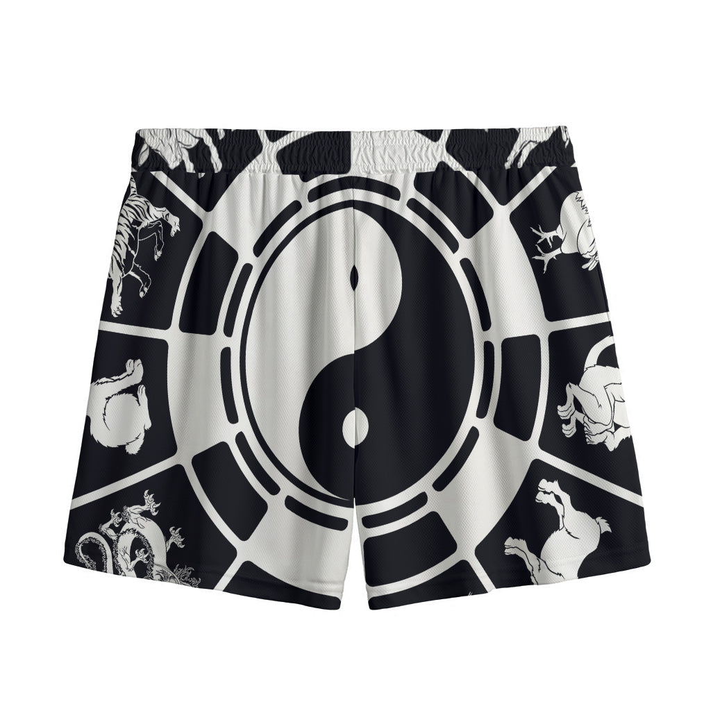 Black And White Chinese Zodiac Print Mesh Shorts