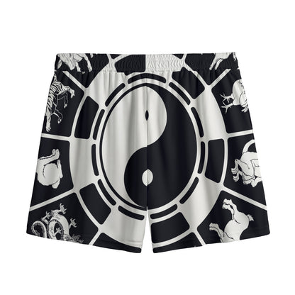 Black And White Chinese Zodiac Print Mesh Shorts