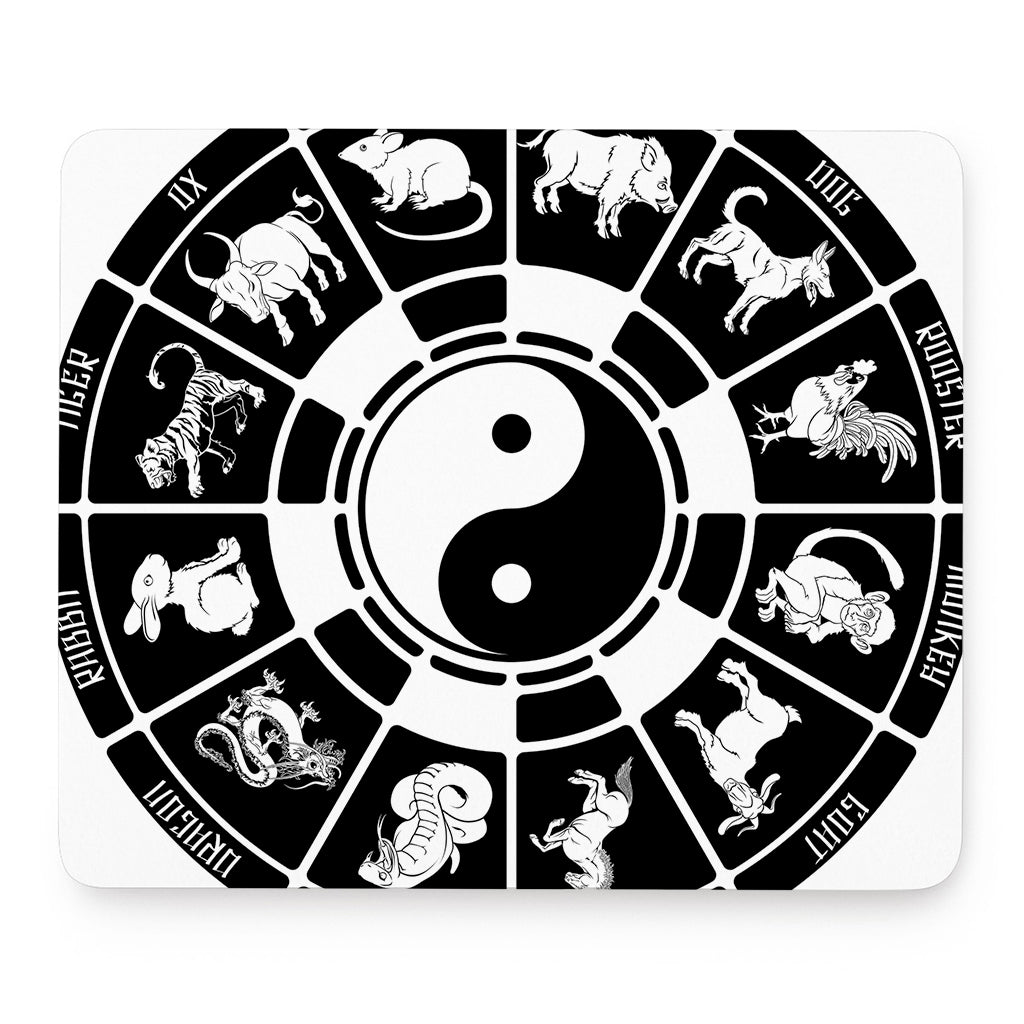 Black And White Chinese Zodiac Print Mouse Pad