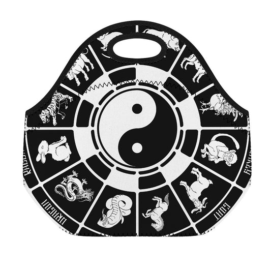 Black And White Chinese Zodiac Print Neoprene Lunch Bag