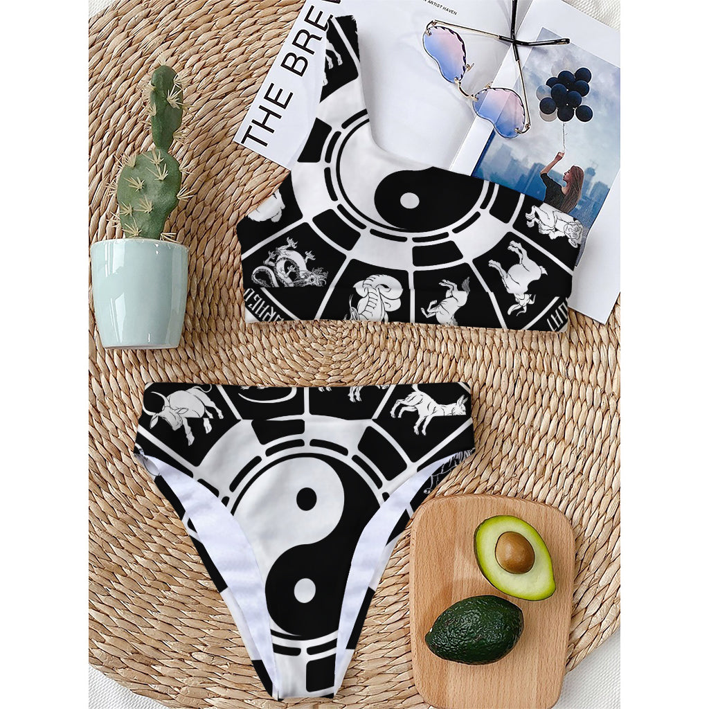 Black And White Chinese Zodiac Print One Shoulder Bikini Top