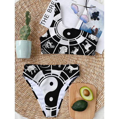 Black And White Chinese Zodiac Print One Shoulder Bikini Top