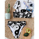 Black And White Chinese Zodiac Print One Shoulder Bikini Top
