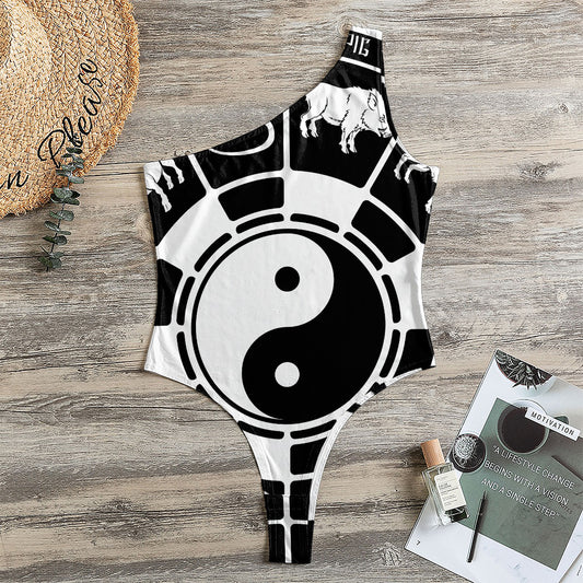 Black And White Chinese Zodiac Print One Shoulder Bodysuit
